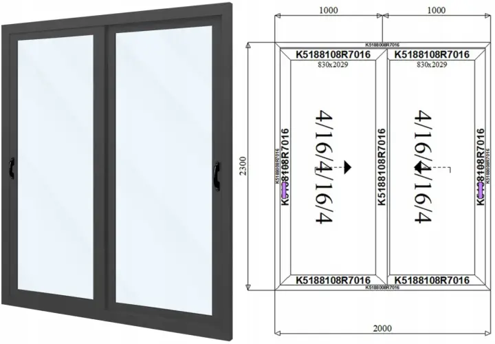 Drzwi tarasowe dwuskrzydłowe, wymiary 2000x2300 mm. Każde skrzydło ma 830x2029 mm.