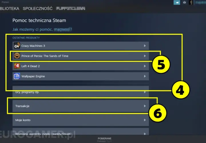 Pomoc techniczna Steam: ostatnie produkty i transakcje. Dowiedz się, kiedy można zwrócić grę na Steam.