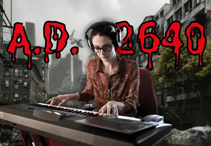 Kobieta w okularach i słuchawkach gra na keyboardzie w postapokaliptycznym mieście. Napis "A.P. 2649" sugeruje, że to najtrudniejsza piosenka na świecie.