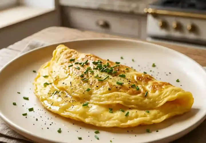 Une omelette dorée, garnie de ciboulette fraîche et de poivre noir, prête à être dégustée. Imaginez-la avec une garniture d'omelette aux fruits de mer.