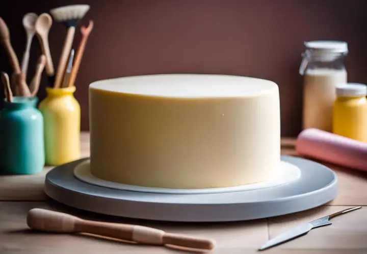 Un gâteau rond, prêt à être décoré, attend patiemment. Autour, des ustensiles de pâtisserie et des pots de couleurs suggèrent la magie de la pâte à sucre.