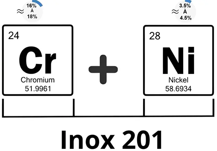 Composition de l'inox 201 : Chrome (16-18%) et Nickel (3.5-4.5%). Cet alliage est un type d'inox austénitique.