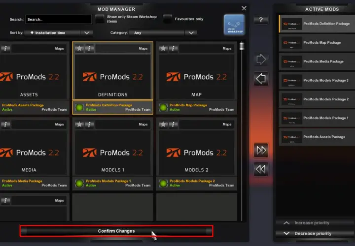 Zarządzanie modami w ETS2: aktywne pakiety ProMods, gotowe do wgrania. Kliknij "Confirm Changes", by zastosować.