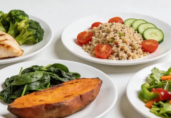 Platos con pollo a la parrilla, brócoli, batata, quinoa y ensalada. Una dieta balanceada para dejar de comer para adelgazar.