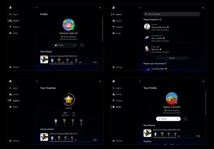 Cztery ekrany profilu PlayStation z grą Ghost of Tsushima, pokazujące profile graczy i trofea.