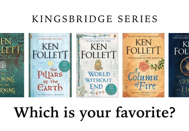 Fünf Buchcover der Kingsbridge-Reihe von Ken Follett: "The Evening and the Morning", "The Pillars of the Earth", "World Without End", "A Column of Fire", "The Armor of Light".