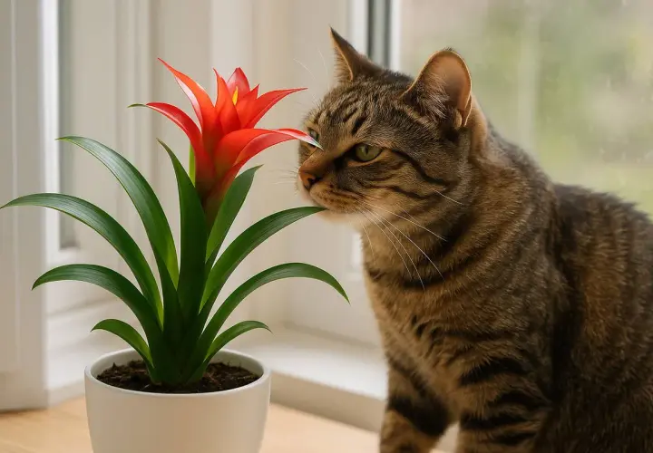 Eine getigerte Katze schnuppert neugierig an einer leuchtend roten Guzmania-Blume.