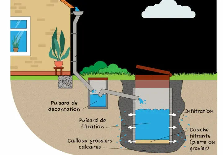 Schéma d'un système de récupération des eaux pluviales pour une maison individuelle, illustrant la réglementation et le traitement de l'eau.
