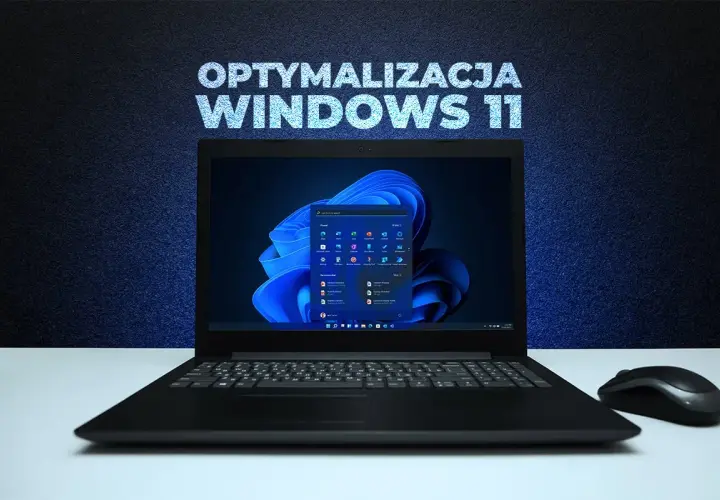 Laptop z ekranem Windows 11 i menu start. Napis "Optymalizacja Windows 11" nad ekranem. Obok myszka komputerowa.
