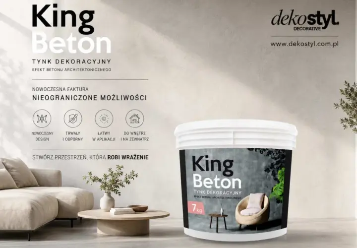 Nowoczesny tynk dekoracyjny King Beton tworzy ciekawe efekty na ścianie, nadając wnętrzu industrialny charakter.
