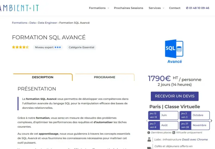 Formation SQL Avancé pour maîtriser les données SQL. Apprenez à optimiser les requêtes et automatiser les tâches.