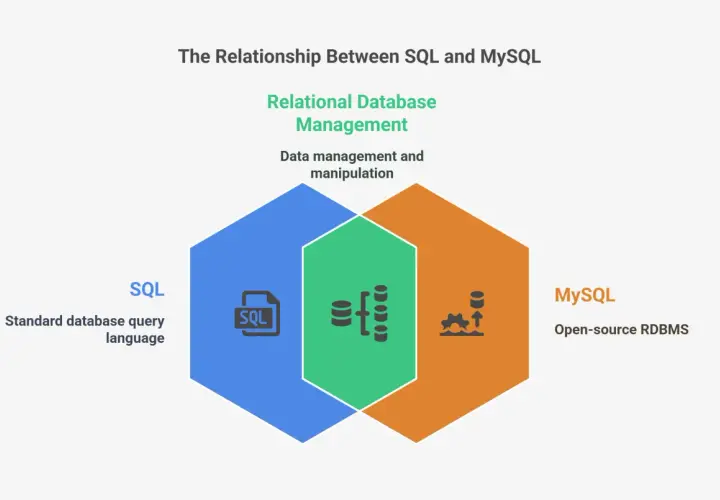 Schéma illustrant la relation entre SQL (langage de requête) et MySQL (SGBDR open-source), soulignant leur rôle dans la gestion des bases de données relationnelles.