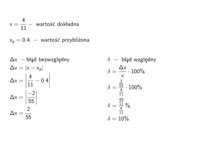 Obliczenia błędu względnego dla wartości x=4/11 i xp=0.4. Pokazano wzory i kroki obliczeniowe.
