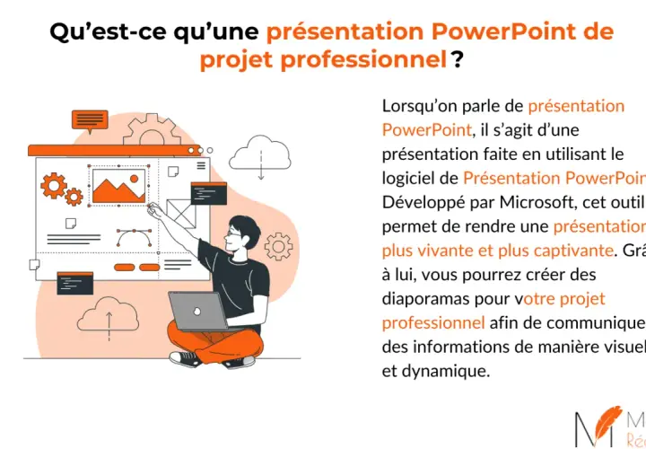Un homme crée une présentation PowerPoint pour son projet professionnel. La structure du discours est visuelle et dynamique.