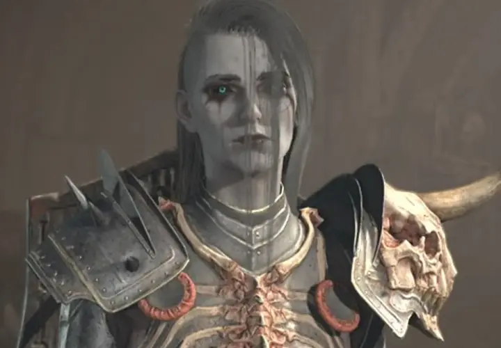 Mroczna nekromantka z Diablo 4, z niebieskimi oczami i kościaną zbroją, gotowa do walki.