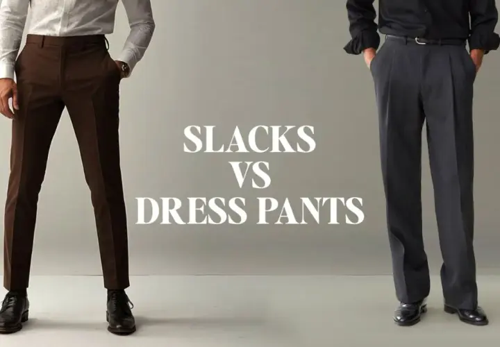 A side-by-side comparison of slacks vs dress pants, showcasing different styles and fits for men's formal wear.
