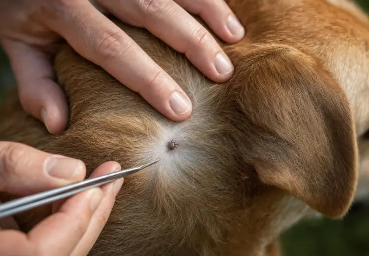 Rimozione di una zecca dal pelo di un cane con pinzette. Attenzione al morso zecca cane.