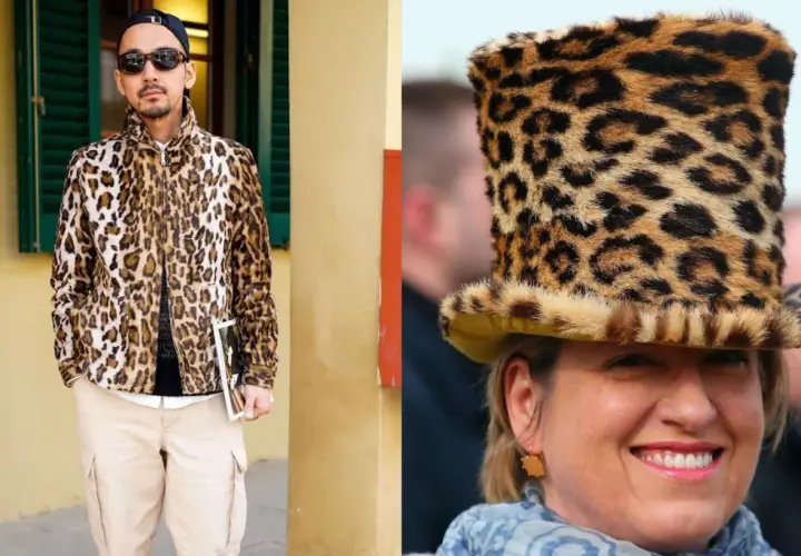 Un homme porte une veste au motif animalier léopard. Une femme arbore un chapeau haut de forme au même motif audacieux.