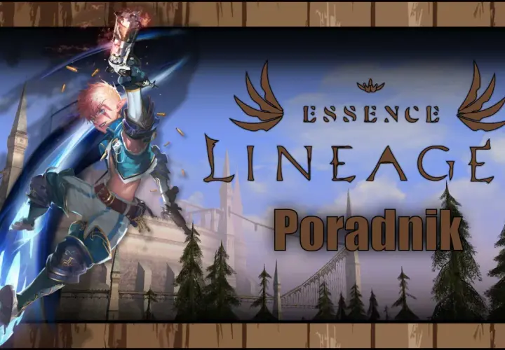 Dynamiczny wojownik w akcji, strzelający z pistoletu, na tle zamku i lasu. Grafika promuje Lineage 2 Essence.