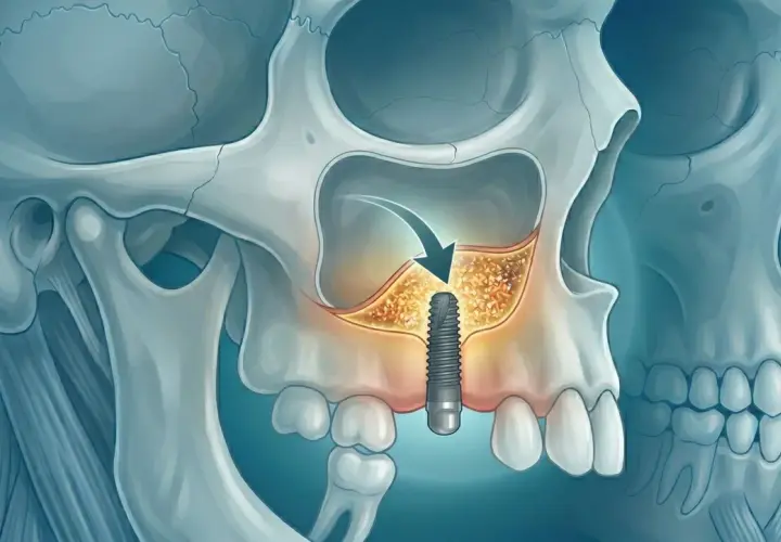 Illustrazione di un impianto dentale inserito nel mascellare superiore, con indicazione del rialzo seno mascellare e dei tempi di guarigione.