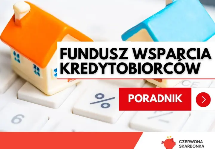 Dwa domki na kalkulatorze. Napis: "FUNDUSZ WSPARCIA KREDYTOBIORCOW". Poradnik.