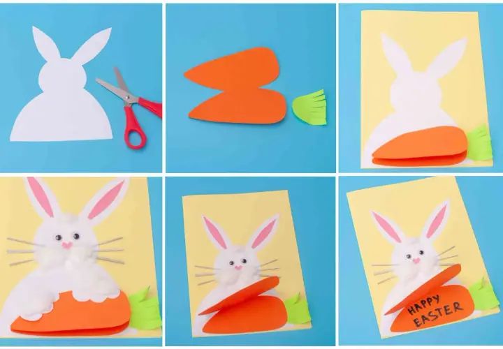 Tutorial per creare biglietti di Pasqua fai da te con coniglietto e carota. Passaggi per realizzare simpatici biglietti di Pasqua da costruire.
