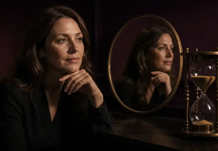 En kvinna betraktar sin spegelbild bredvid ett timglas. Kanske funderar hon på botox effekt tid.