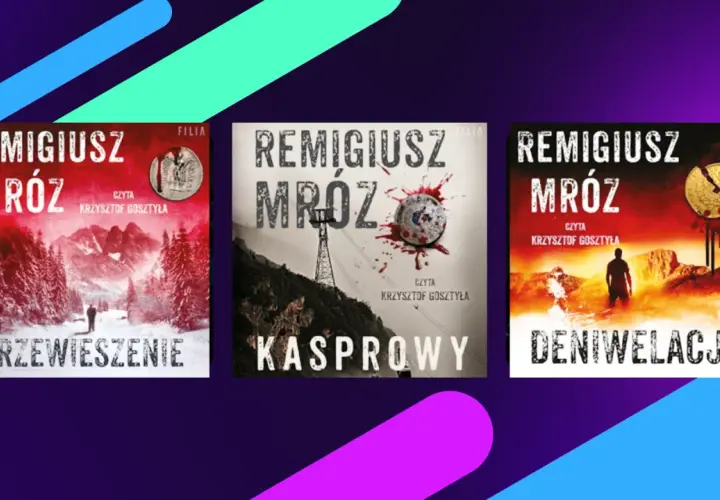 Okładki książek z serii z komisarzem Forstetem: "Przewieszenie", "Kasprowy" i "Deniwelacja".