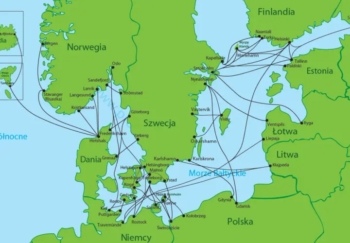 Mapa promów łączących Danię, Niemcy, Szwecję, Norwegię, Finlandię, Estonię, Łotwę, Litwę, Polskę i Islandię.