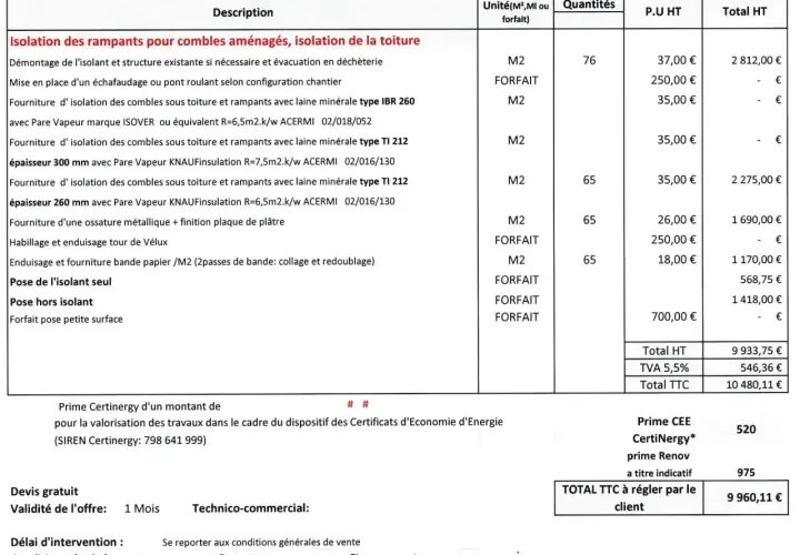 Exemple devis isolation combles : détail des matériaux, pose, finitions et primes pour une isolation de toiture performante.