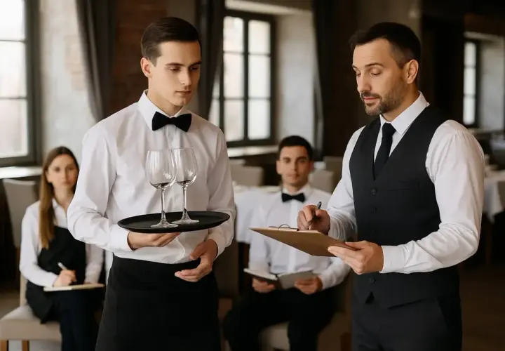 Szkolenie kelnerskie: młody kelner z kieliszkami, instruktor notuje. Dowiedz się, ile kosztuje kurs kelnerski i zacznij karierę.