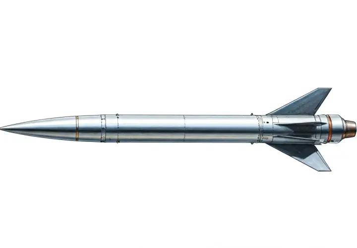 Srebrzysta rakieta, czyli missile po polsku, z ostrym stożkiem i trójkątnymi stabilizatorami, gotowa do startu.