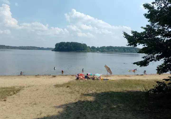 Słoneczny dzień nad jeziorem przeczyckim. Ludzie odpoczywają na plaży i kąpią się w wodzie.