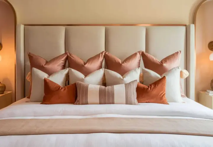 A masterclass in how to layer pillows on a bed, featuring a plush headboard and a symphony of rust, cream, and blush tones.
