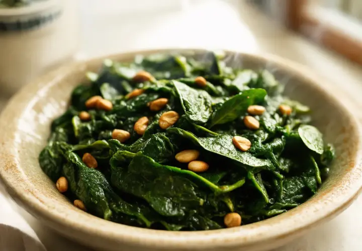 Mrożony szpinak z orzeszkami pinii w misce. Pyszne i zdrowe danie, które można przygotować w kilka minut.