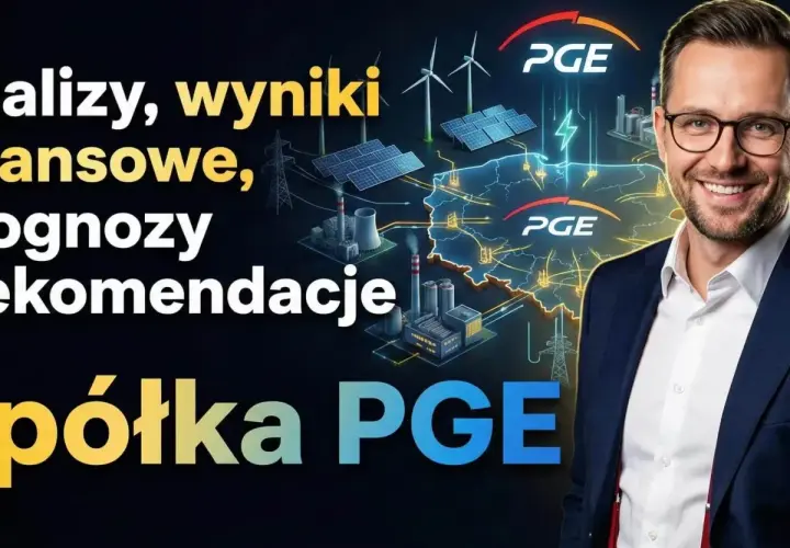 Analiza akcji PGE, prognozy i rekomendacje. Uśmiechnięty mężczyzna na tle mapy Polski z symbolami energetyki.