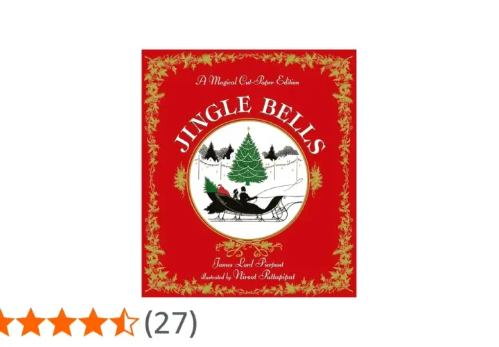 Copertina di "Jingle Bells", canzone in inglese, con slitta e albero di Natale.