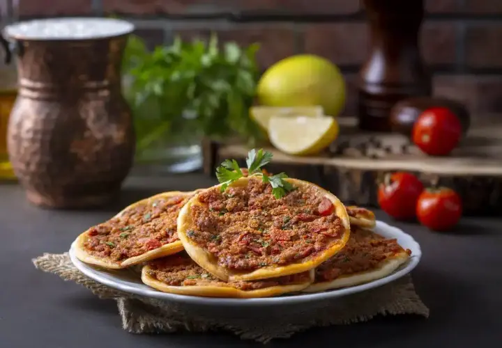 Lahmacun co to? Pyszne, cienkie placki z mięsem mielonym, pomidorami i ziołami, przypominające turecką pizzę.