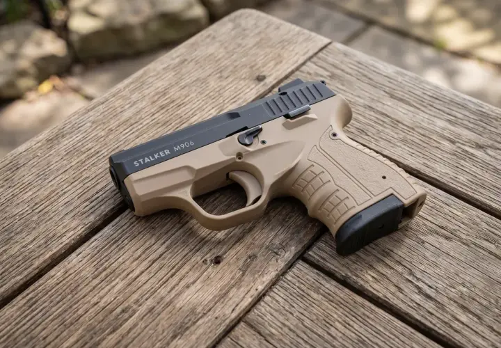 Pistolet Stalker M906 w kolorze piaskowym leży na drewnianym stole.
