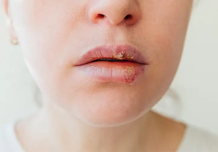 Labbra con lesioni erpetiche. Le vescicole e le croste indicano la fase attiva, ma quanto dura l'herpes?
