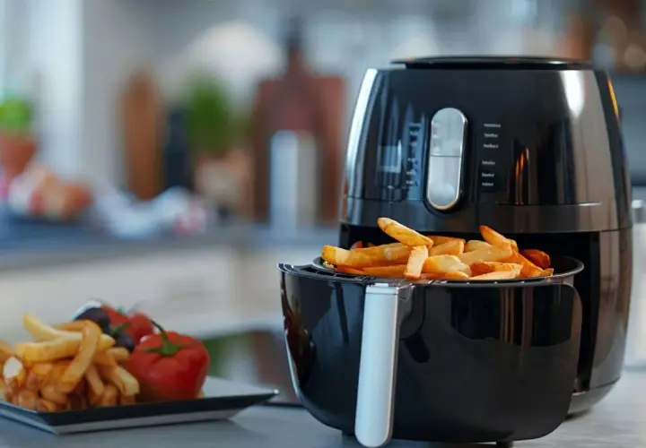 Frytki z frytkownicy beztłuszczowej, idealne do airfryer przepisy po polsku. Obok talerz z frytkami, pomidorkami i oliwkami.