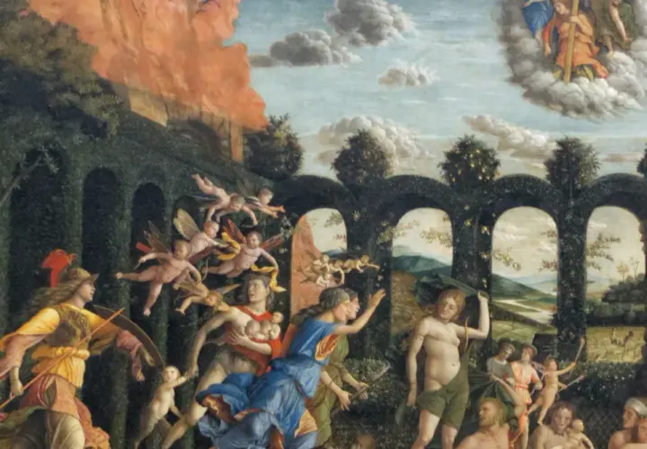 Scena pełna postaci, aniołków i bogów, symbolizująca triumf humanizmu nad chaosem.