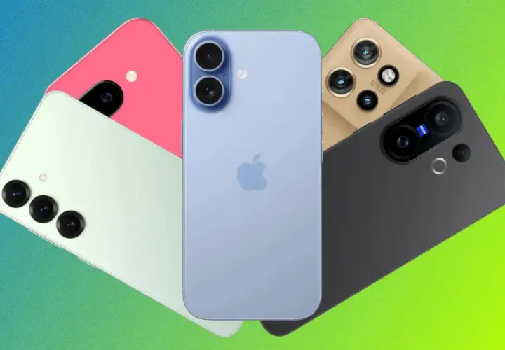 Kompaktowe smartfony w różnych kolorach: jasnoniebieski iPhone, różowy, miętowy, złoty i czarny.