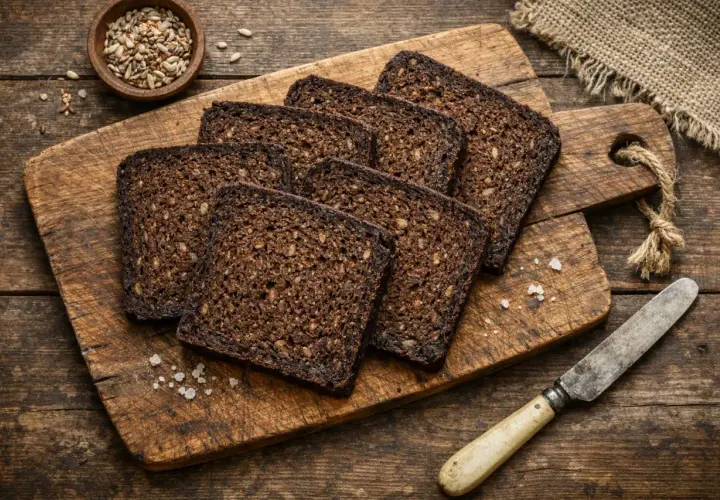 Tranches de pumpernickel sur une planche en bois, prêtes pour une délicieuse recette. Un bol de graines et un couteau complètent la scène rustique.