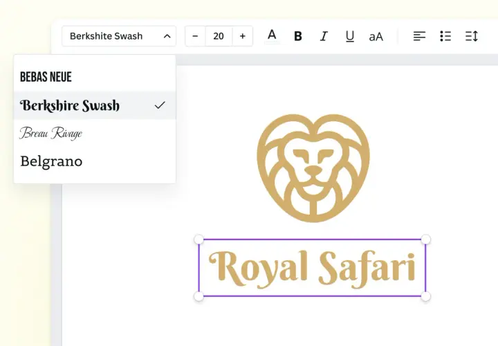 Program do wklejania logo na zdjęciach. Wybierz font "Berkshire Swash" dla tekstu "Royal Safari", by nadać mu królewski styl.