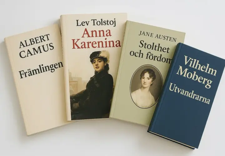 Fyra böcker: "Främlingen" av Camus, "Anna Karenina" av Tolstoj, "Stolthet och fördom" av Austen och "Utvandrarna" av Moberg. Dessa klassiker visar vad som kan menas med en novell, en kort berättelse.