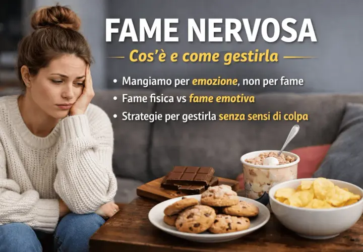 Donna pensierosa accanto a cibi tentatori. Immagine sul tema "Fame nervosa: cos'è e come gestirla".