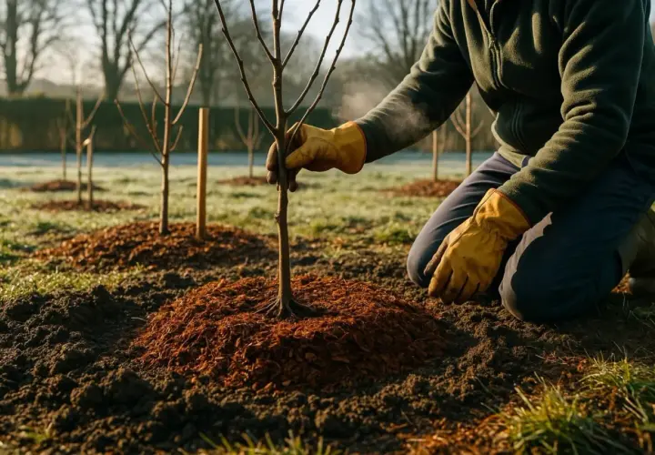 Un jardinier aux gants jaunes plante un jeune pommier. Le paillis brun entoure la base de l'arbre, prêt pour la plantation.