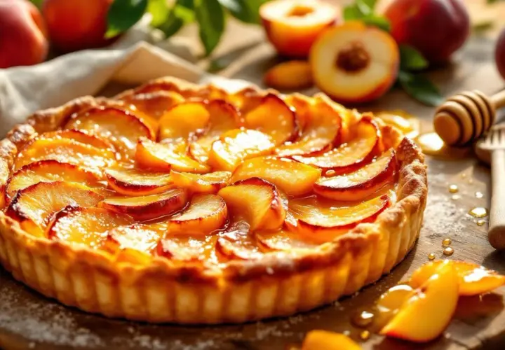 Une tarte croustillante aux pêches, dorée et appétissante, baignant dans un jus sucré. Des pêches fraîches et un miel doré complètent ce délice.