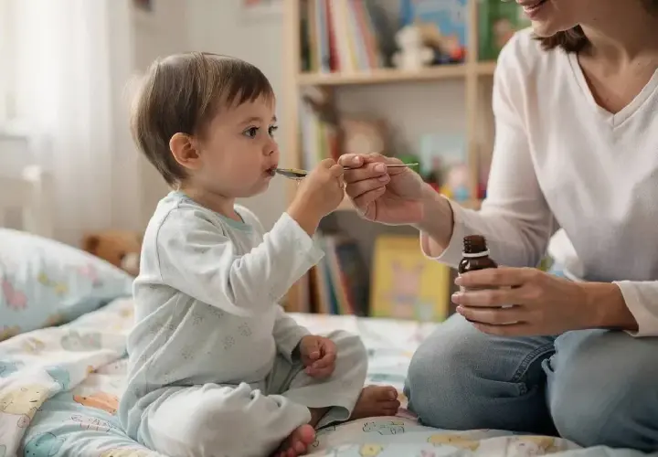Mama podaje dziecku syrop na łyżeczce. Maluch dzielnie przyjmuje lek, być może to Tussipect na kaszel.